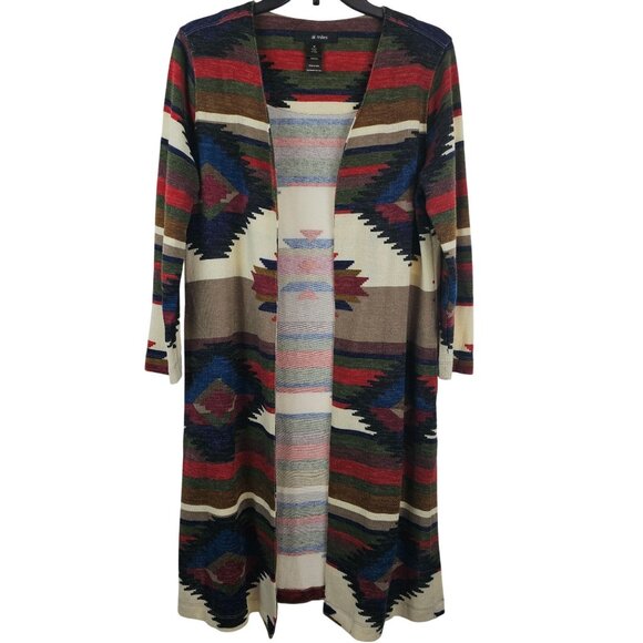 Womens Aztec Boho Cabincore Open Front Duster Cardigan Earthy Tones Ali Miles M - Picture 1 of 14